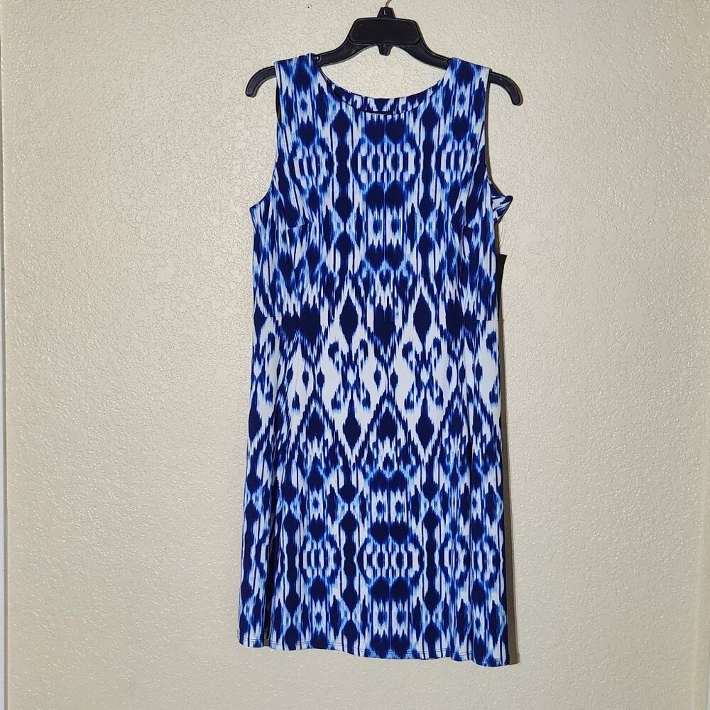 AB Studio Blue & White Design Shift Dress L NWT